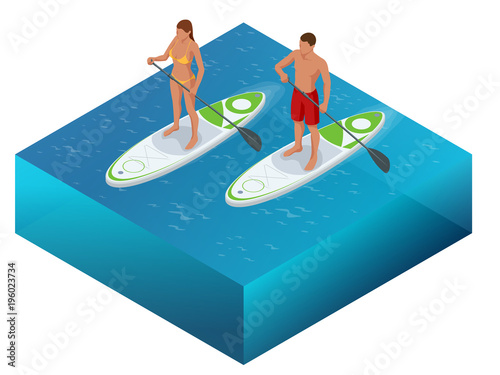 Isometric Paddleboard beach men and women on stand up paddle board surfboard surfing in ocean sea. Water sport concept. Active summer vacations with paddle board