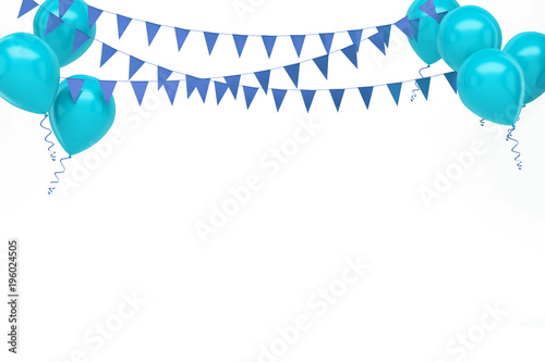 Aqua balloons with, gold flags on top right and left corner isolated on white background. 3D illustration of celebration, party balloons