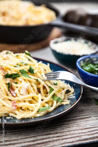 Spaghetti carbonara with egg and pancetta