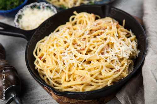 Spaghetti carbonara with egg and pancetta