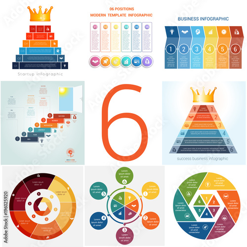 Set universal templates elements Infographics conceptual cyclic processes for 6 positions