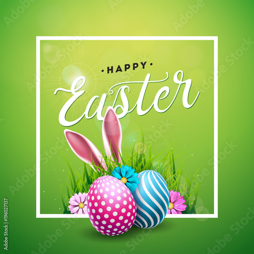 Vector Illustration of Happy Easter Holiday with Painted Egg, Rabbit Ears and Flower on Shiny Green Background. International Celebration Design with Typography for Greeting Card, Party Invitation or