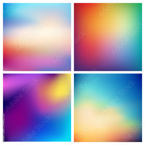 Abstract vector multicolored blurred background set. 4 colors set. Square blurred backgrounds set - sky clouds sea ocean beach colors