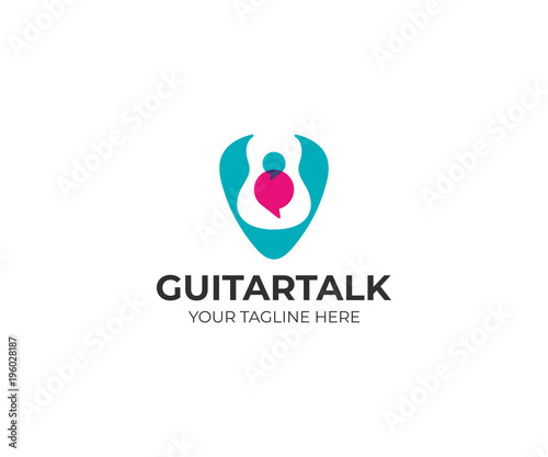 Guitar in plectrum and speech bubbles logo template. Guitar pick vector design. Guitar school logotype