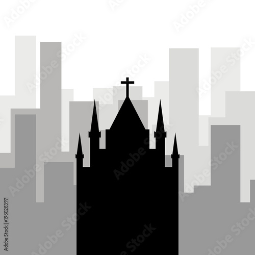 Religion in the city. Black icon of the Catholic church against the background of city skyscrapers