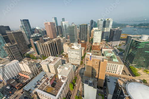 VANCOUVER  CANADA - AUGUST 8  2017  Aerial view of Downtown buildings on a sunny day. Vancouver attracts 10 million people annually