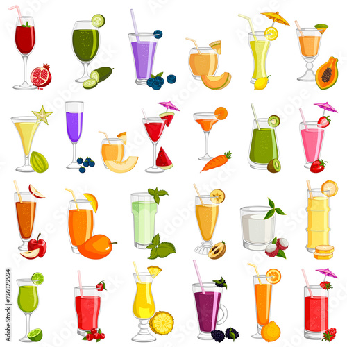 Different variety of Fresh Fruit Juice beverage Drink glass