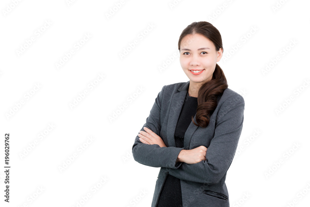 Portrait of a Attractive young Asian confident businesswoman wearing a suit with happy face and crossed arms isolated on white background. Portrait of a Attractive young Asian confident businesswoman wearing a suit with happy face and crossed arms isolated on white background.