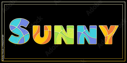 Motivational banner with capital SUNNY word. Trendy enamel mosaic isolated vector symbols in different bright colors on black background. For promo fashion event or summer motivation slogan.