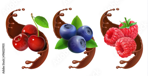 Blueberry, cherry and raspberry in chocolate splash reaistic set