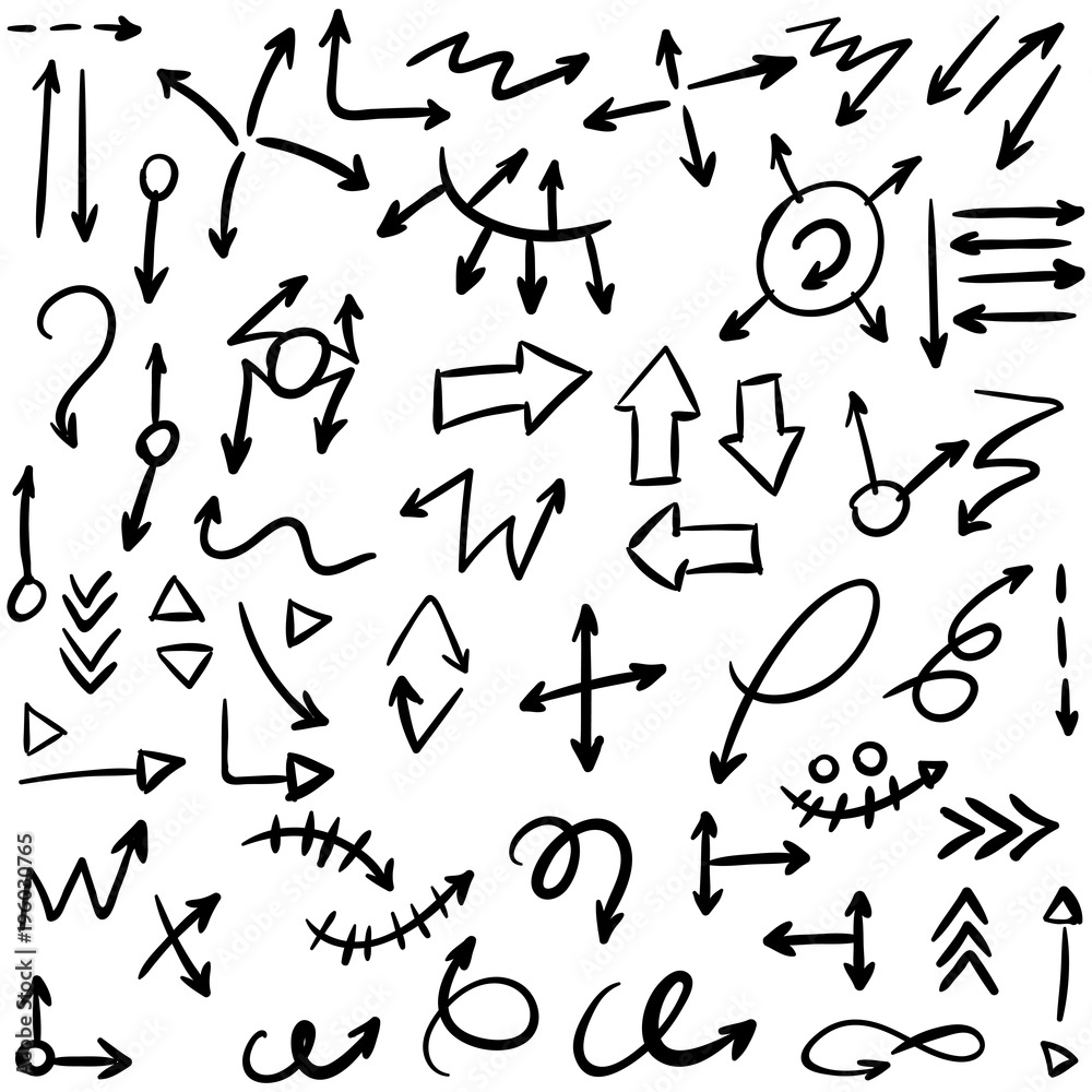 Arrow doodles vector. A set of simple sketches of arrows. Up, down, left, right ones. The effect of a pencil sketch isolated on white background.. Vector eps 10.