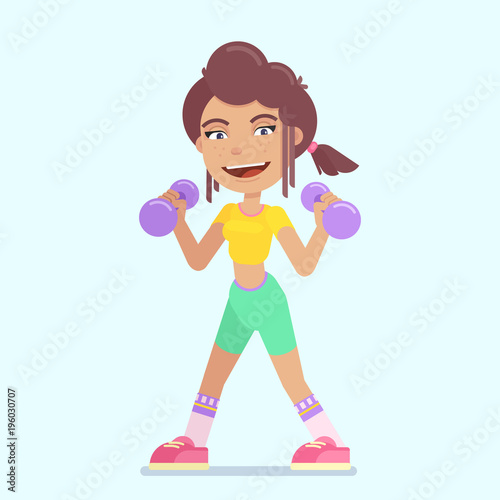 Cartoon sporty girl with dumbbells