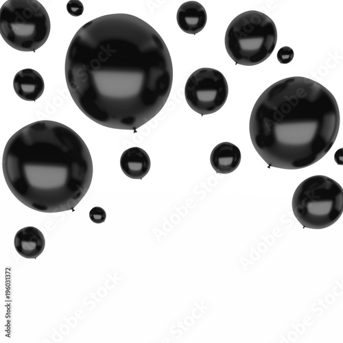 Black round balloons on upstairs isolated on white background. 3D illustration of holidays, party, birthday balloons