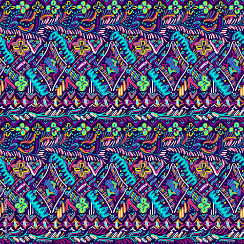 Tribal pattern. Ethnic print. Aztec. Abstract fabric. Cloth design. Style. Boho. Tie dye. Flower. Nature. Fashion. Stylish textile. Boho homespun. Hand drawn seamless vector.