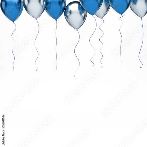 Blue and white metallic balloons on the upstairs with long golden rbbons and isolated on white background without shadows. 3D illustration of holidays, party, birthday balloons