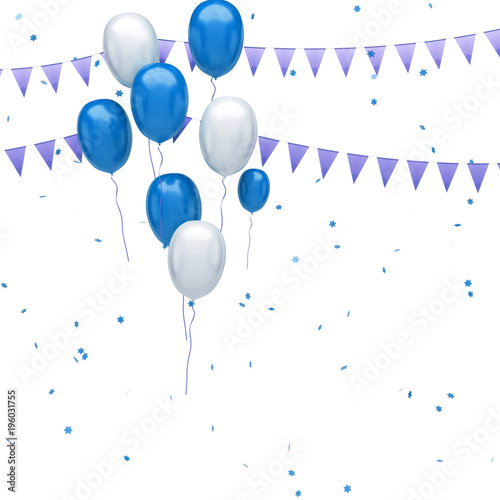 Blue and white balloons on the top left corner with colorful confetti and gold flags isolated on white background. 3D illustration of celebration, party balloons