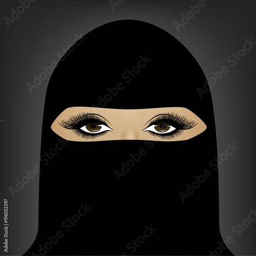 beautiful Muslim woman in hijab on the dark background, square, vector illustration