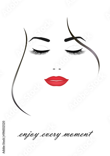  beautiful smiling woman face with closed eyes and red lips, isolated on the white background, vertical vector illustration