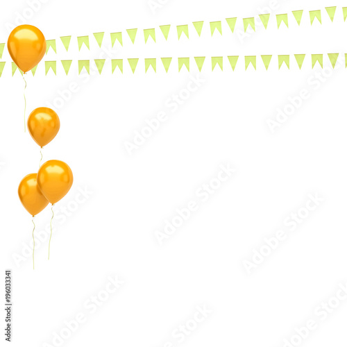 Gold balloons with, flags on the left sight isolated on white background. 3D illustration of celebration, party balloons