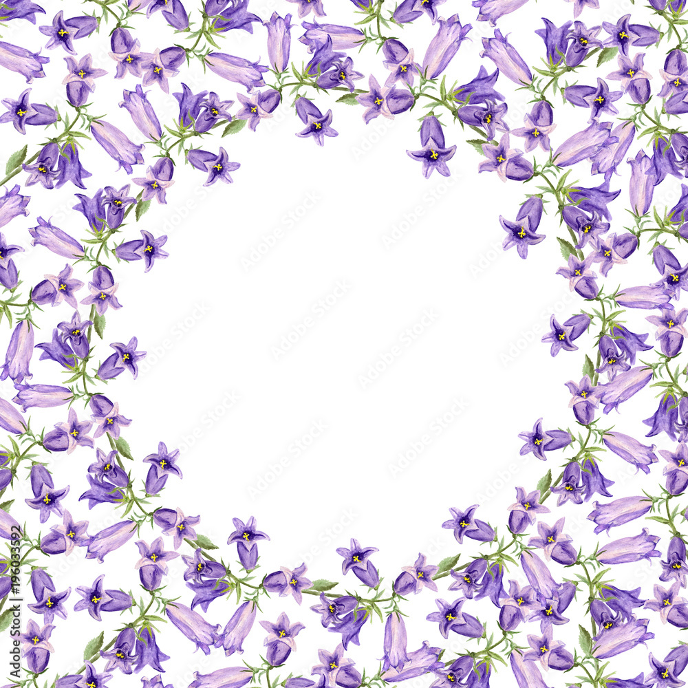 Round frame with watercolor bluebell flowers