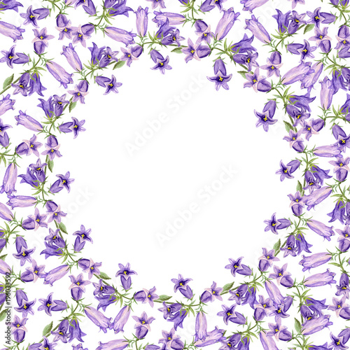 Round frame with watercolor bluebell flowers © shoshina