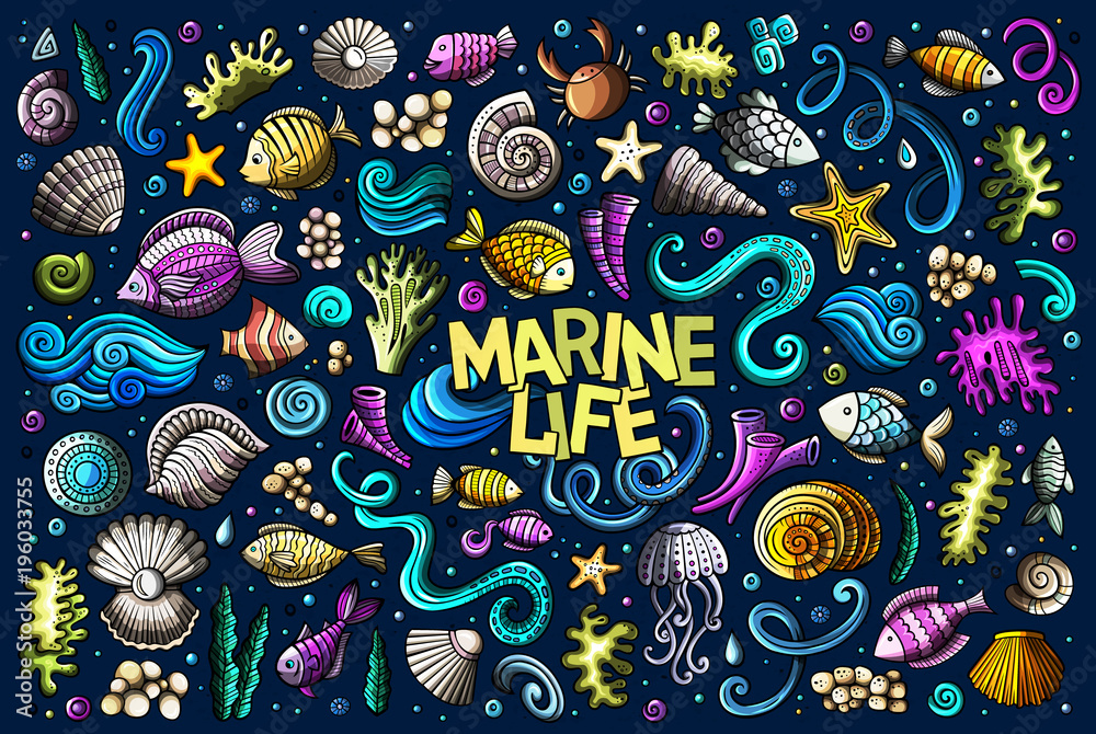 Fototapeta premium Colorful set of marine life objects