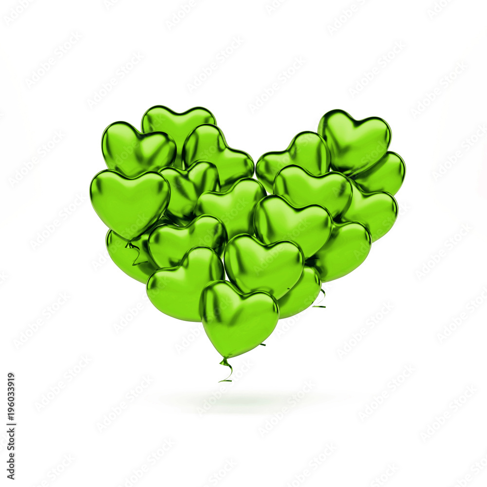 Green metallic balloons in the shape of a heart isolated on white background. 3D illustration of celebration balloons Green metallic balloons in the shape of a heart isolated on white background. 3D illustration of celebration balloons