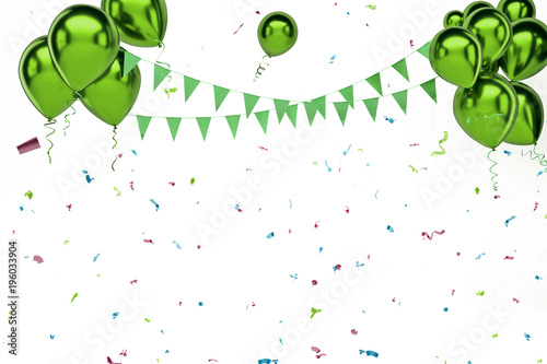 Green metallic balloons with, gold flags on the upstairs without shadows isolated on white background. 3D illustration of celebration, party balloons