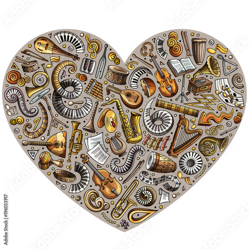 Set of vector cartoon doodle classic musical instruments and objects collected in a heart
