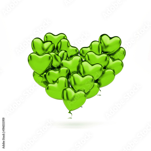 Green metallic balloons in the shape of a heart isolated on white background. 3D illustration of celebration balloons