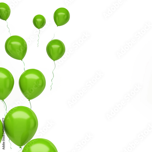 Green balloons on the left sight isolated on white background. 3D illustration of celebration, party balloons