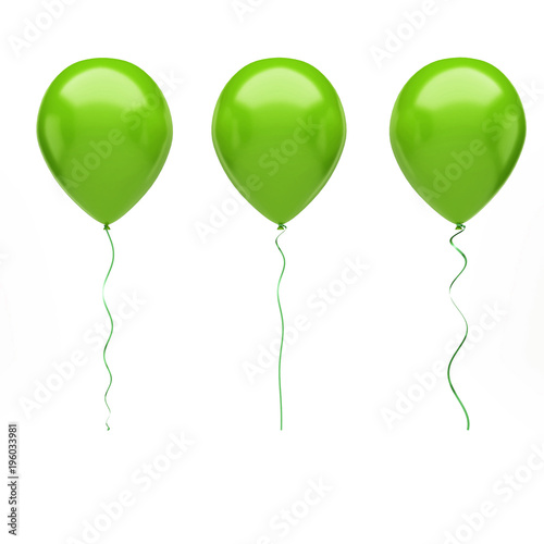 Green balloons on the center isolated on white background. 3D illustration of celebration, party balloons