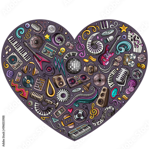 Set of vector cartoon doodle musical objects collected in a heart