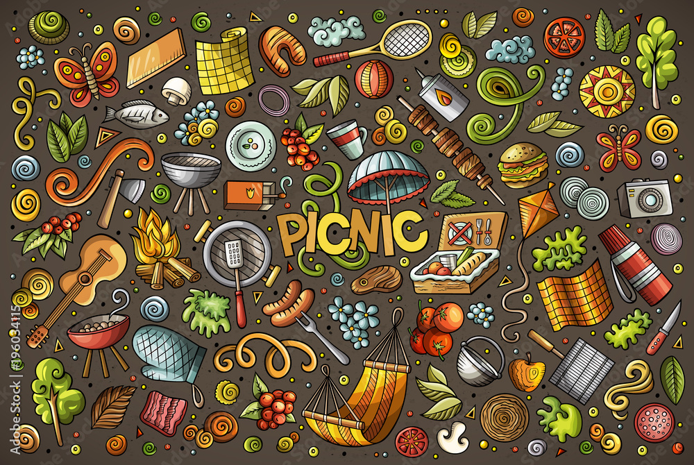 Doodle cartoon set of picnic objects Doodle cartoon set of picnic objects