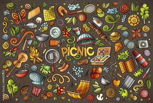 Doodle cartoon set of picnic objects