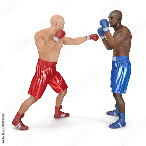 Two men boxer wearing helmet and gloves boxing on white. 3D illustration