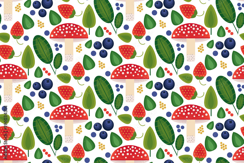 Vector flat style seamless pattern with forest mushrooms. Pattern with forest berries and mushroom, strawberries, deep, blueberries, mountain ash, cranberries, leaf, acorn Vector flat style seamless pattern with forest mushrooms. Pattern with forest berries and mushroom, strawberries, deep, blueberries, mountain ash, cranberries, leaf, acorn