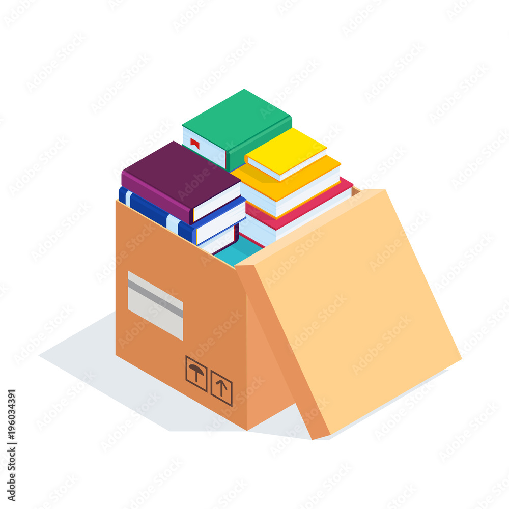 Isometric box with books isolated. Isometric box with books isolated.