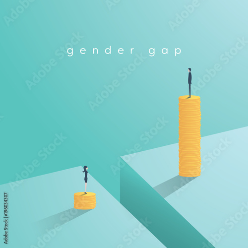 Gender gap and inequality in salary, pay vector concept. Businessman and businesswoman on piles of coins. Symbol of discrimination, difference, injustice.
