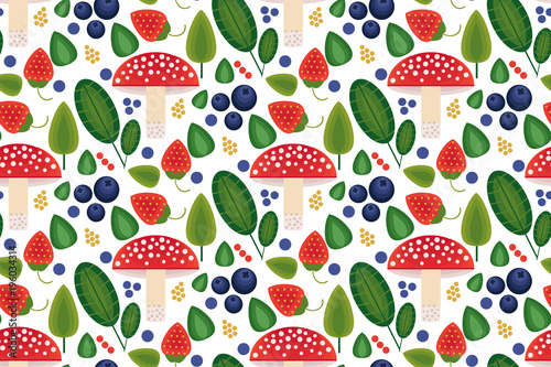 Vector flat style seamless pattern with forest mushrooms. Pattern with forest berries and mushroom, strawberries, deep, blueberries, mountain ash, cranberries, leaf, acorn