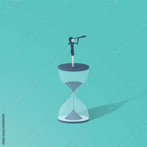 Time is up movement with woman standing on top of sand clock or hourglass with telescope. Symbol of future for women, vision.