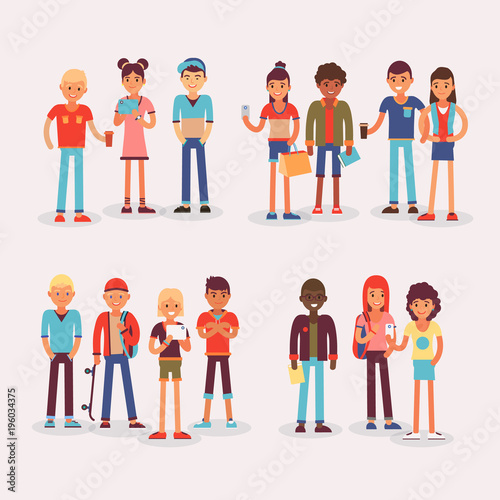 Youth teens group vector grouped teenagers and friends characters of girls or boys together illustration young student community friendship set of youthful people isolated on white background