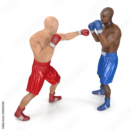 Two men boxer wearing helmet and gloves boxing on white. 3D illustration