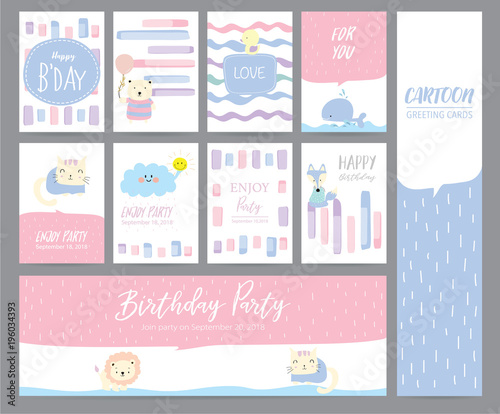 Blue pink pastel greeting card with cat,rabbit,duck,whale,fox,cat and cloud
