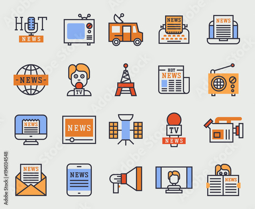 Hot news tv website vector icons flat style colorful set mobile and print newsmaking media newspaper communication concept web internet information sign illustration
