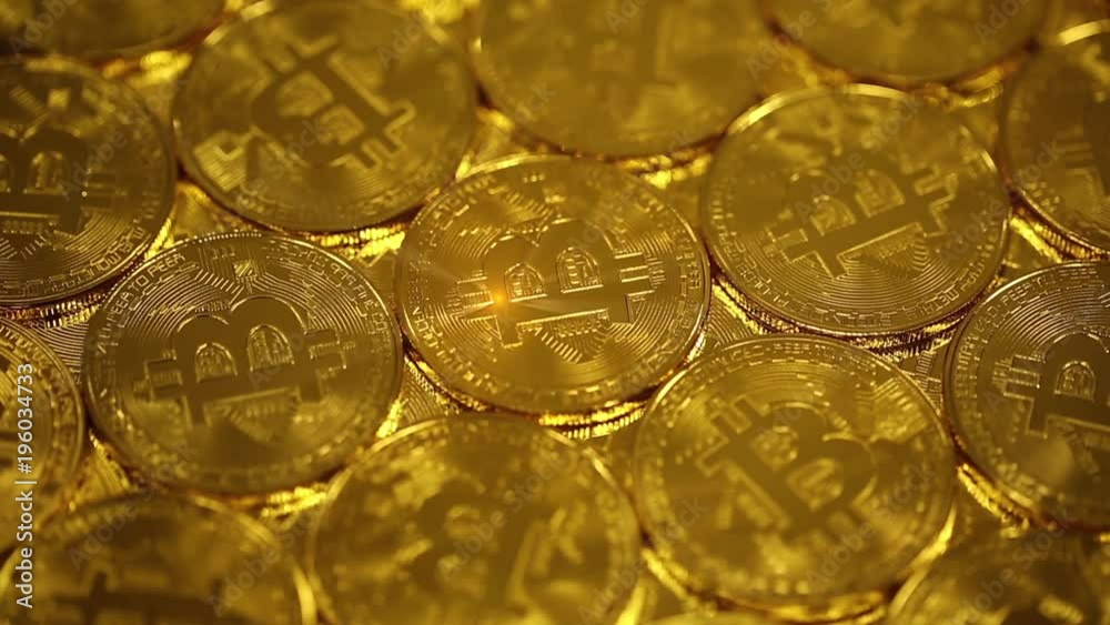 Crypto currency Gold Bitcoin, BTC, Bit Coin. Macro shot of Bitcoins. Blockchain technology, bitcoin mining concept