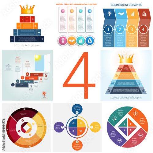 Set universal templates elements Infographics conceptual cyclic processes for 4 positions