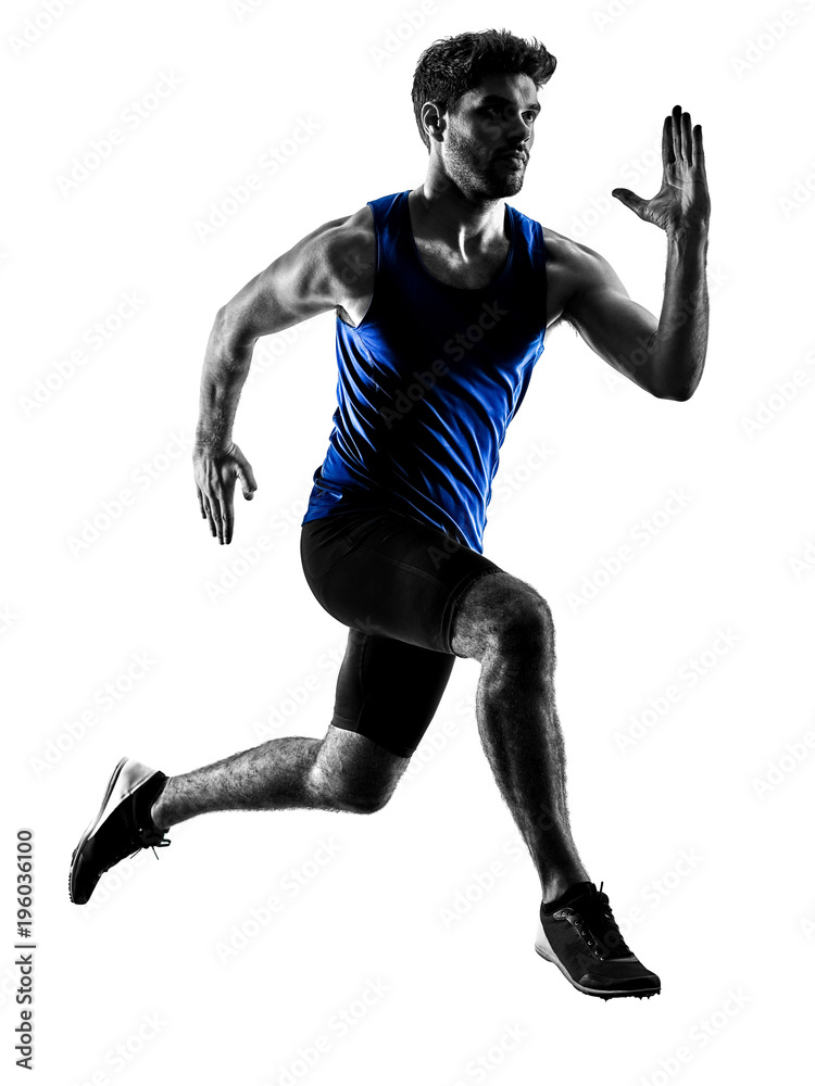 one caucasian runner sprinter running sprinting athletics man silhouette isolated on white background one caucasian runner sprinter running sprinting athletics man silhouette isolated on white background