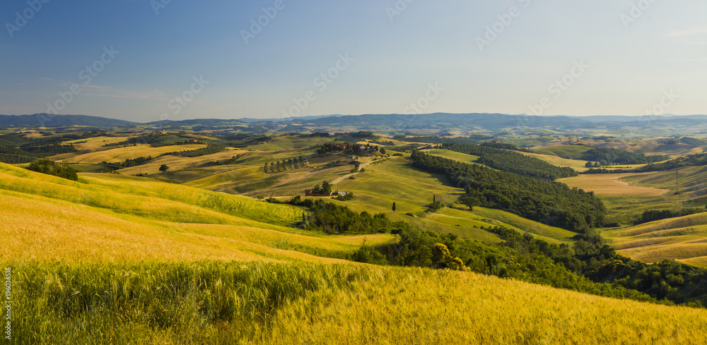 Tuscan landscape, fields and meadows on a warm sunny day 