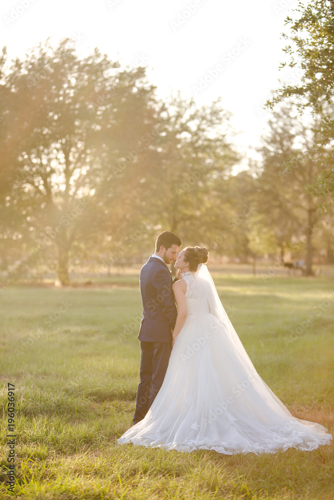 Hispanic Bride and Groom Portrait on Wedding Day in a Field with Sun Flare